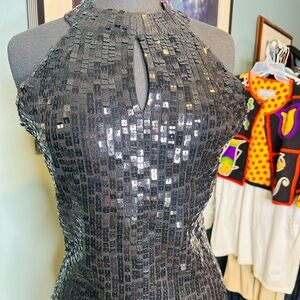 52 Weekends Black Sequins Key Hole Halter Top Size Large
